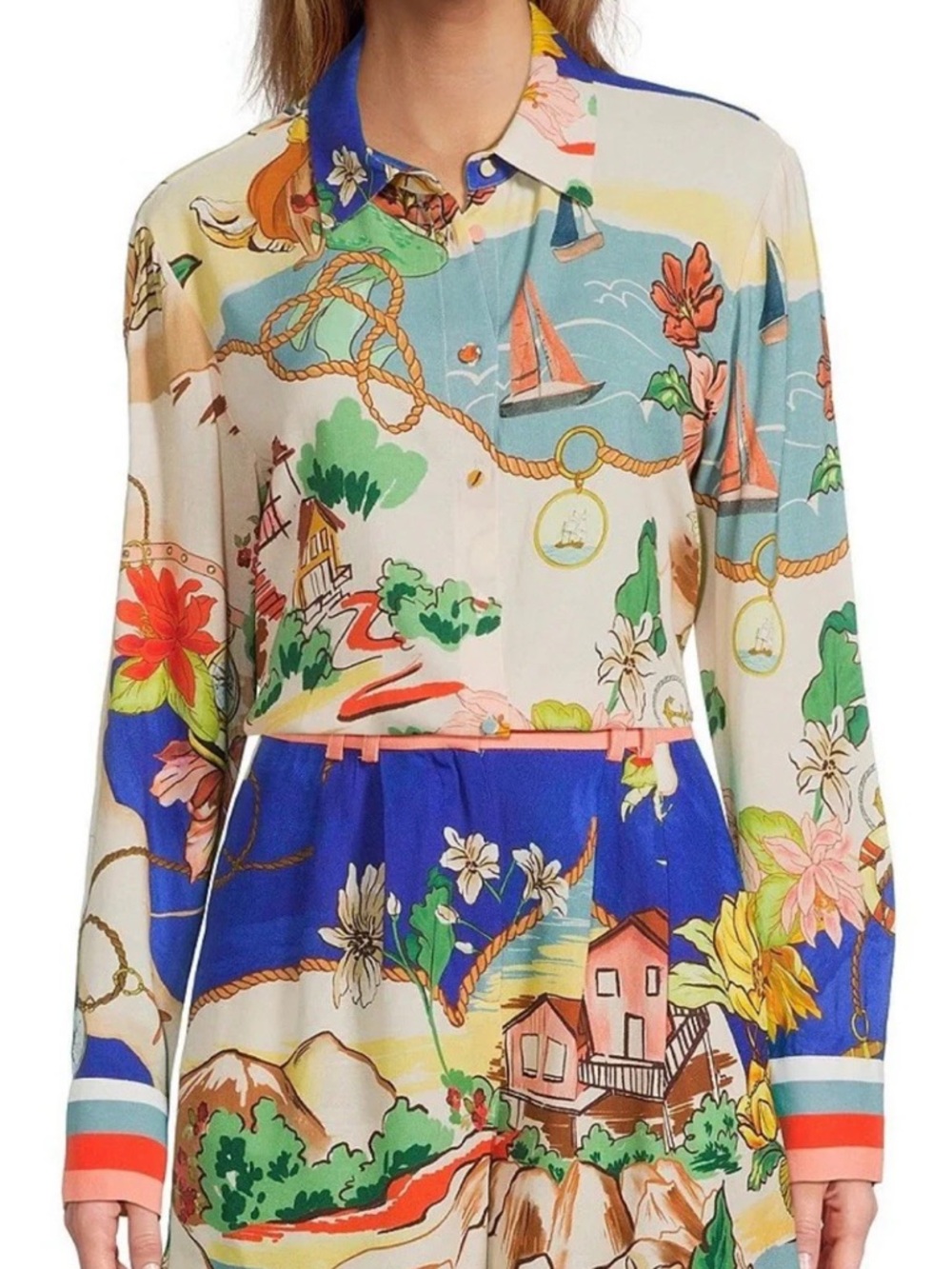 Antonio Melani Polina Linen Long Sleeve Button Down Blouse Ocean Print Large NWT